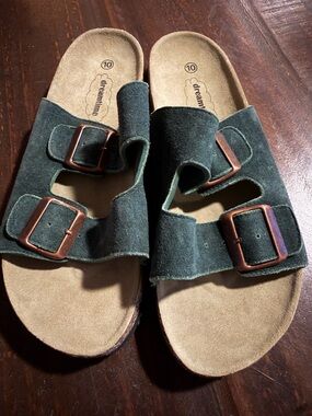 New Suede Forest Green Double Buckle Slide Sandals by DreamTime - Size 10W